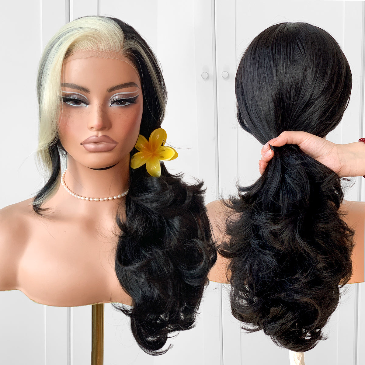 Feather Layered Hair Cuting Style Long 13x6 Synthetic Lace Front Wig Wear and Go Glueless Natural Hairline Skunk Stripe Wig