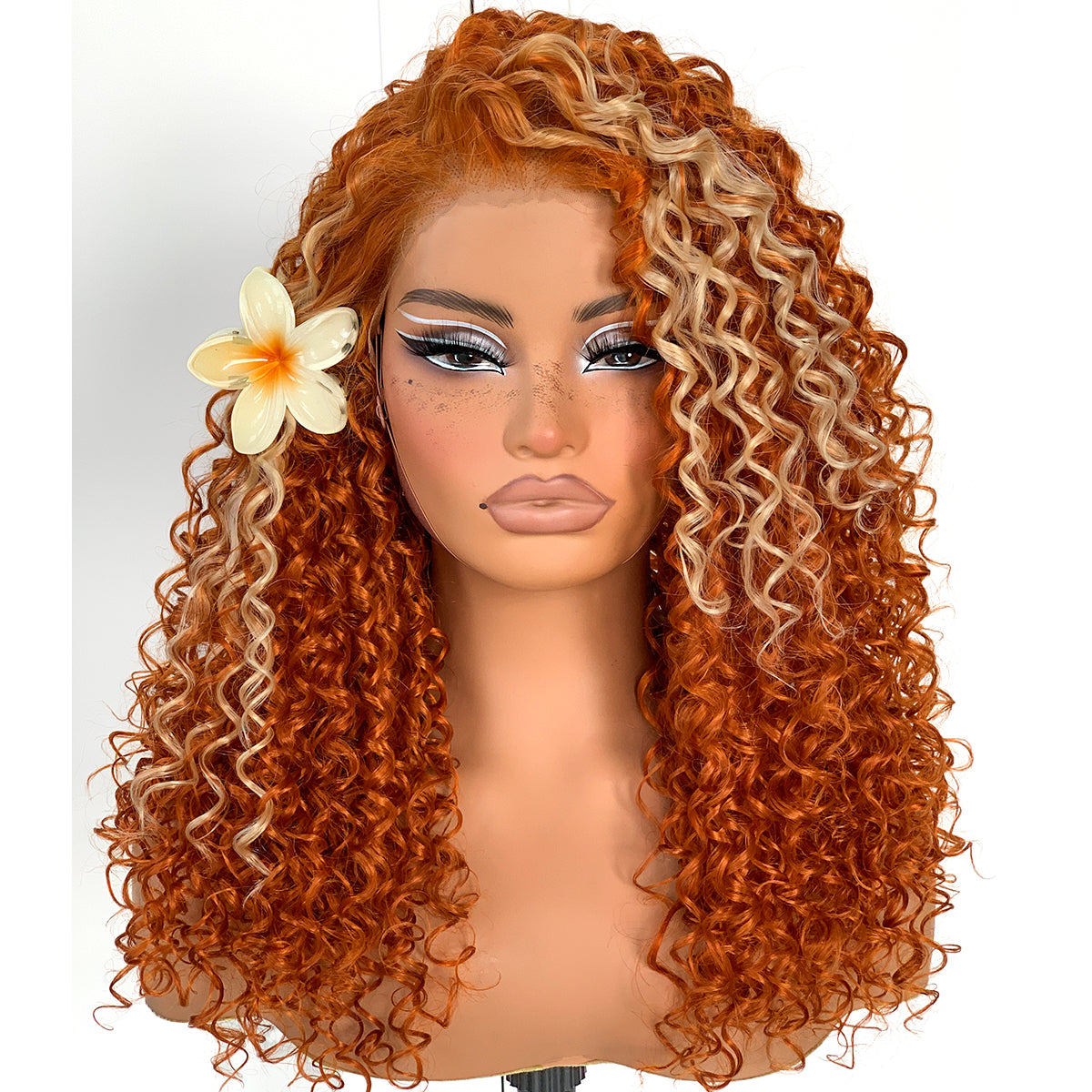 Ginger Curly Wig Skunk Strip HD Lace Front Wig Pre-Plucked Wear And Go Glueless Afro Wig Synthetic Orange Kinky Curly Layered Wig