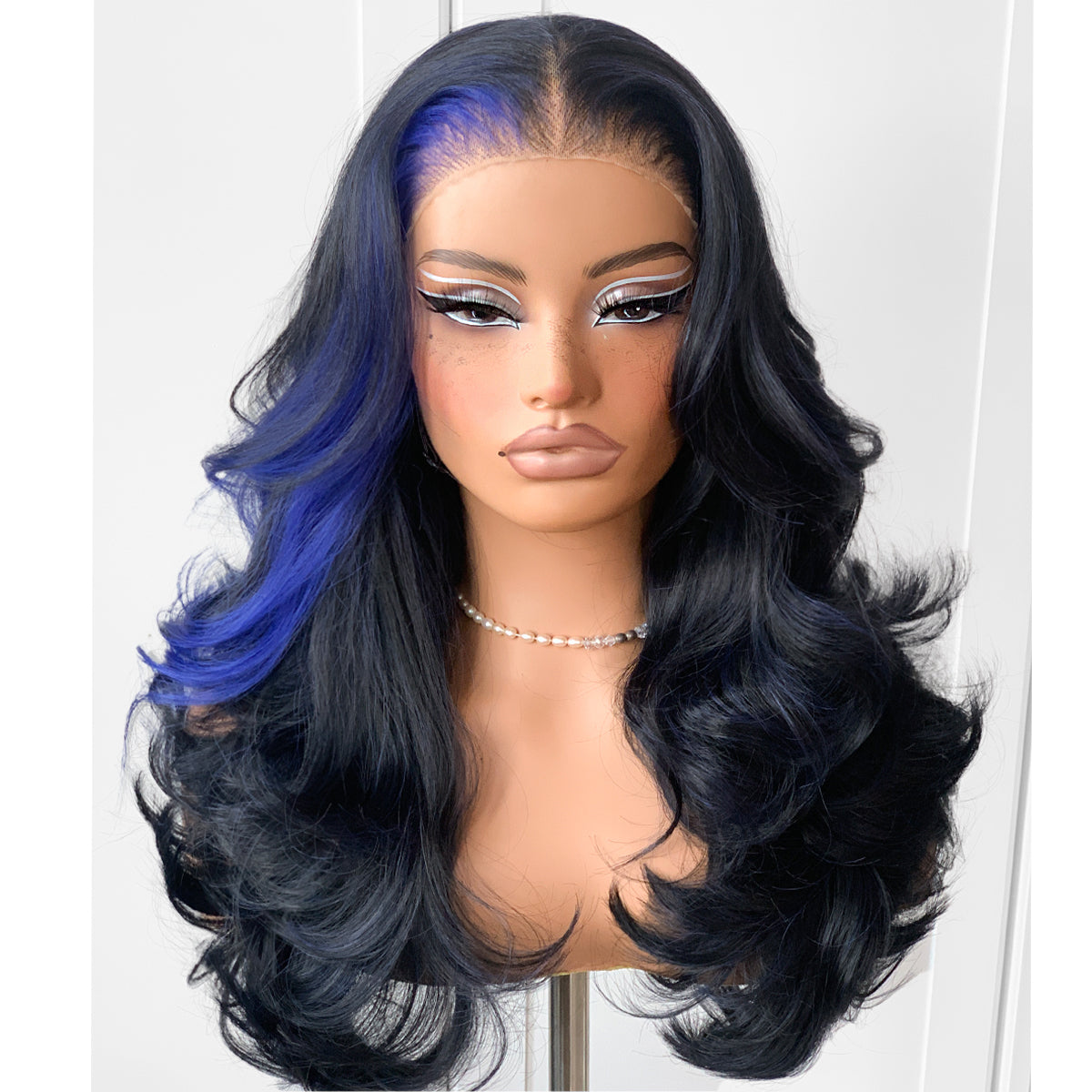Feather Layered Hair Cuting Style Long 13x6 Synthetic Lace Front Wig Wear and Go Glueless Natural Hairline Blue Skunk Stripe Wig