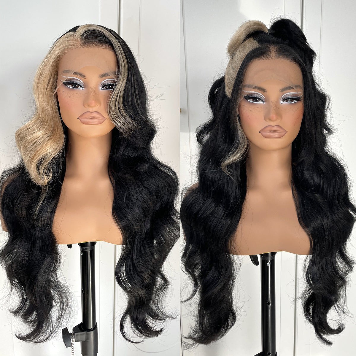 MITIMES 13x6 Skunk Stripe Wig Glueless Lace Front Wigs Pre Plucked Synthetic Body Wave blonde wig Wear and Go lace front wig for black women