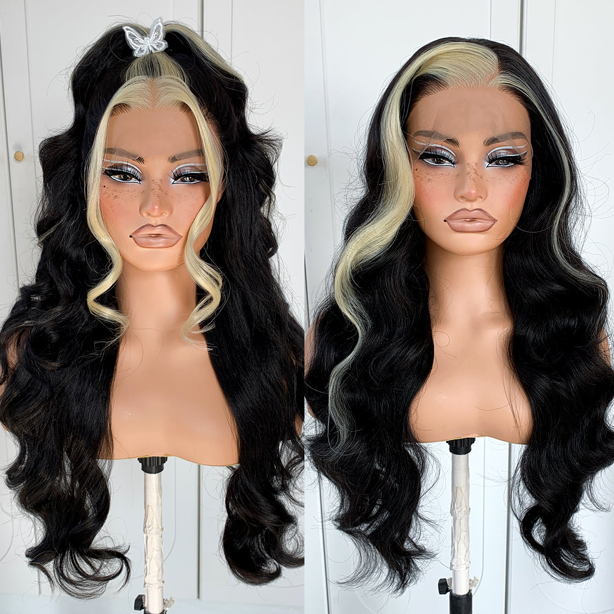 MITIMES 13x6 Skunk Stripe Wig Glueless Middle Skunk Stripe Body Wave Lace Front Wigs Pre Plucked Synthetic Long Highlights Wear and Go lace front wig