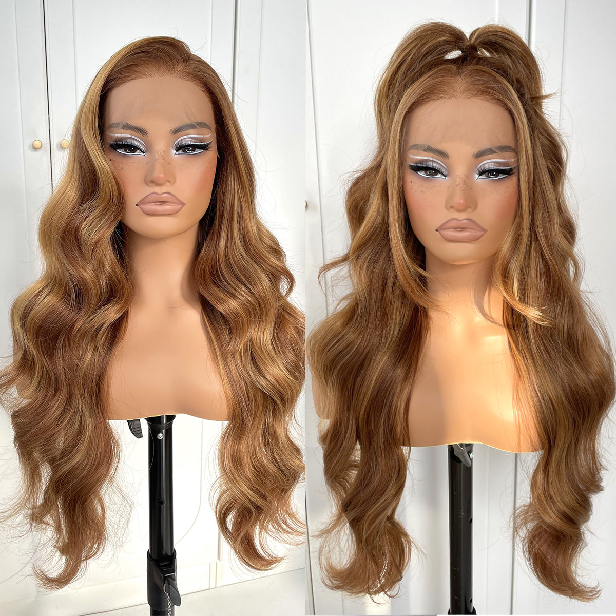 MITIMES 13x6 Highlight Ombre Glueless Lace Front Wigs Pre Plucked Synthetic Ready To Wear Honey blonde Lace Front Wig Body Wave Wig For Women