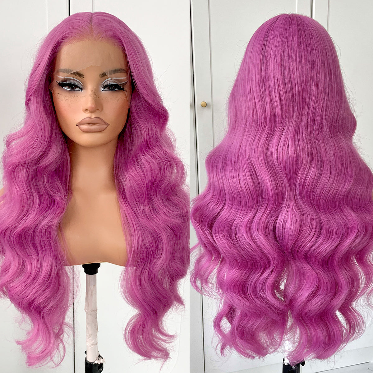 MITIMES 13x6 Pink Purple Wig Lavender Lace Front Wig Pre Plucked Glueless Long Body Wave HD Lace Front Wig Synthetic Lace Front Wig For Cosplay Party