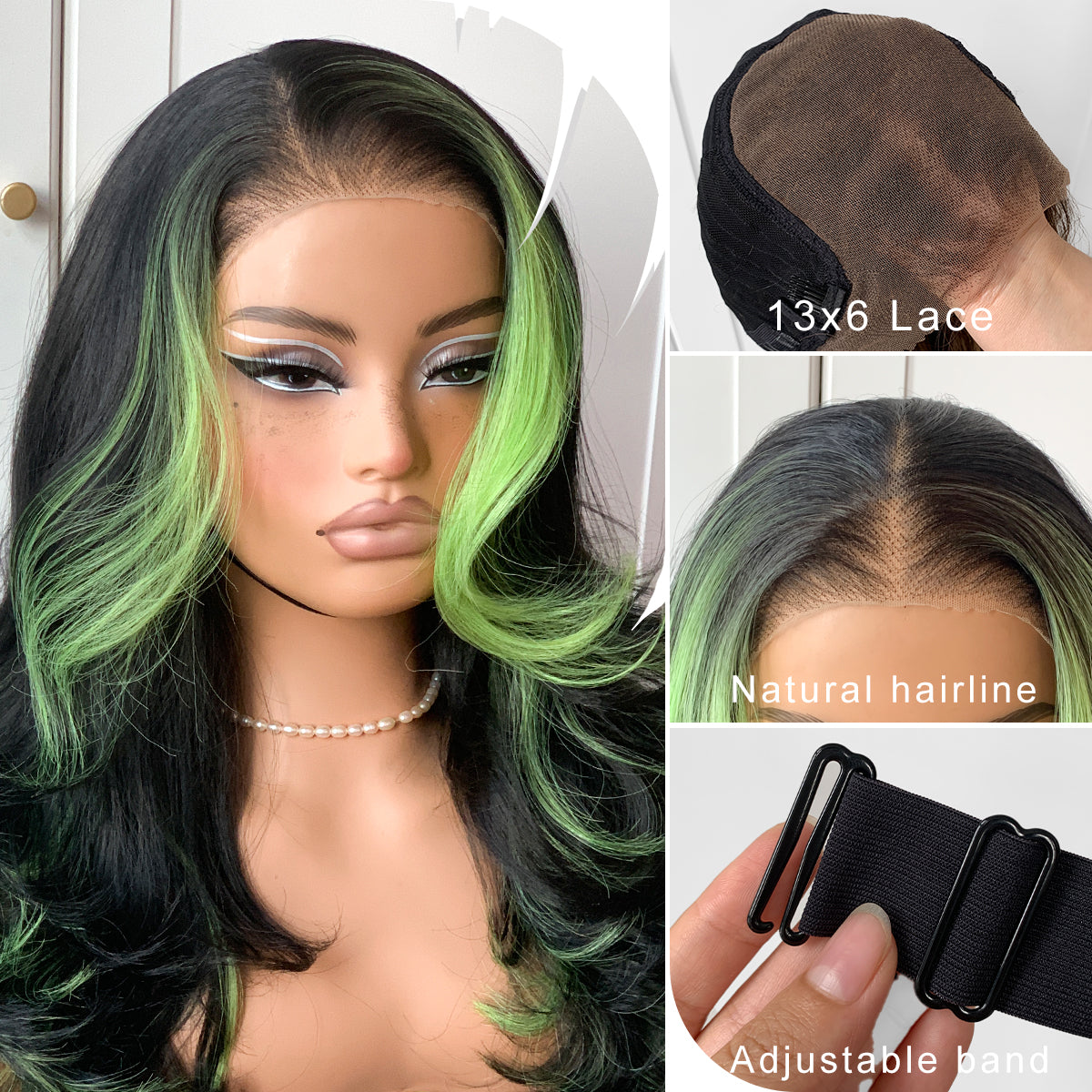 MITIMES Feather Layered Hair Cuting Style Long 13x6 Synthetic Lace Front Wig Wear and Go Glueless Natural Hairline Cospaly Natural Green Wig