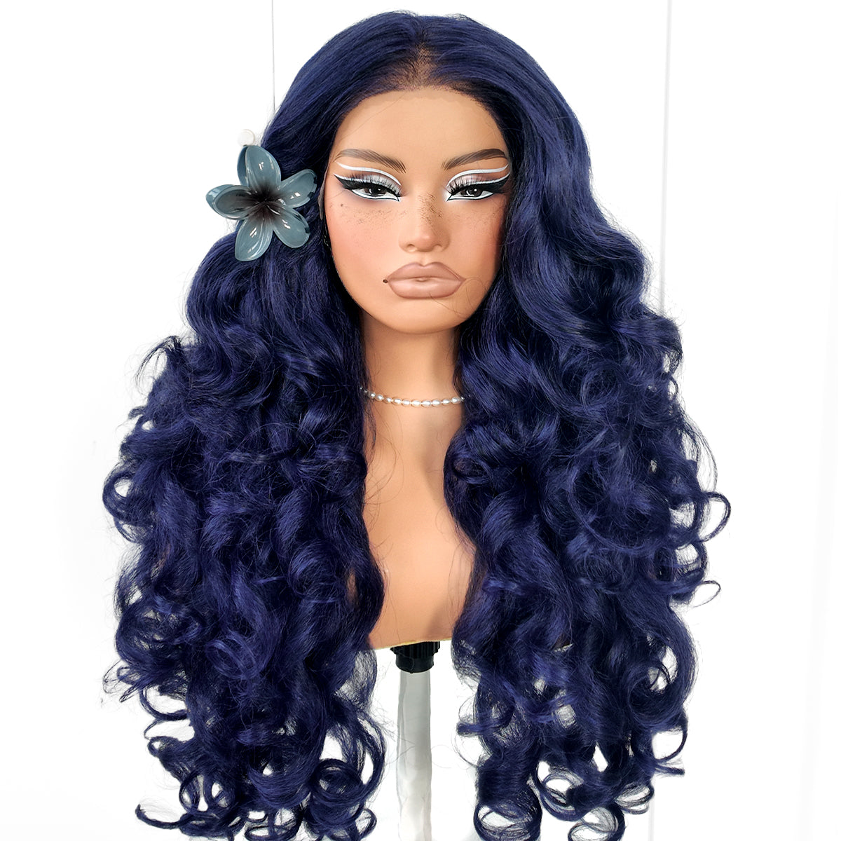 MITIMES 1Wear And Go Blue Lace Wig Pre-Plucked Glueless Yaki Crazy Body Wave Wig Pre-cut Synthetic Dark Blue Balayage HD Lace Front Wig 13x6