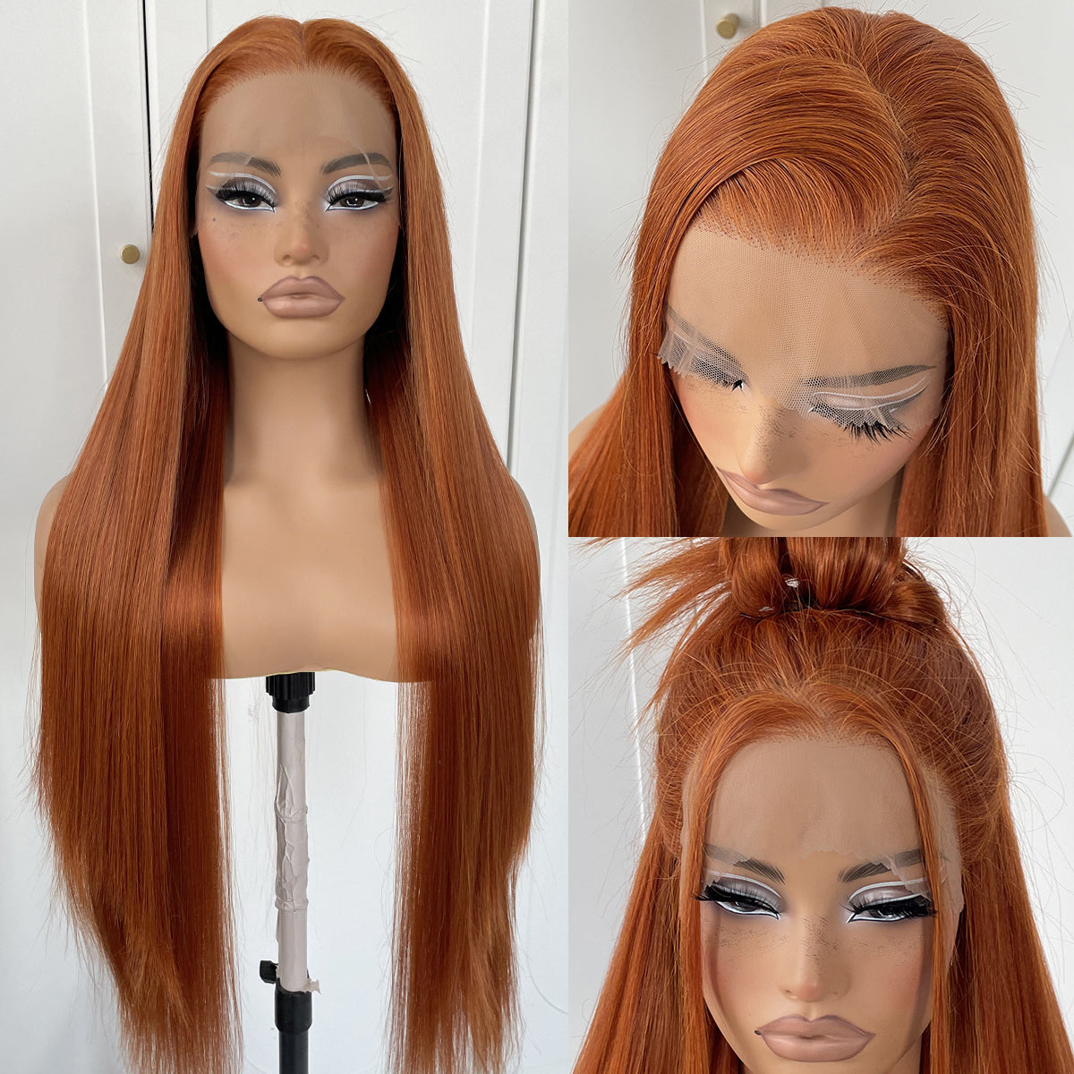 MITIMES 13x6 Ginger Orange Lace Front Wig Pre Plucked HD Synthetic Long Straight Lace Front Wigs 180 Density Yaki Glueless Ginger Lace Front Wig 32inch