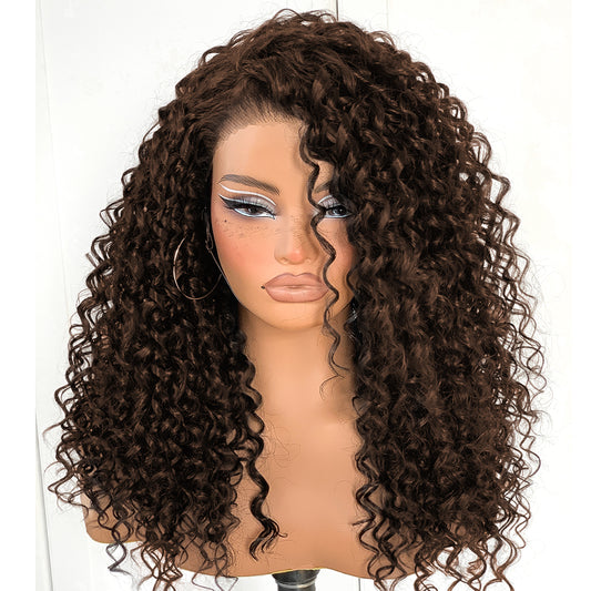 Wear And Go Glueless Curly Wig Pre-Plucked Synthetic Brown Wig Pre-Cut HD Lace Frontal Wig 13x6 Chocolate Brown Afro Kinky Curly With Layer