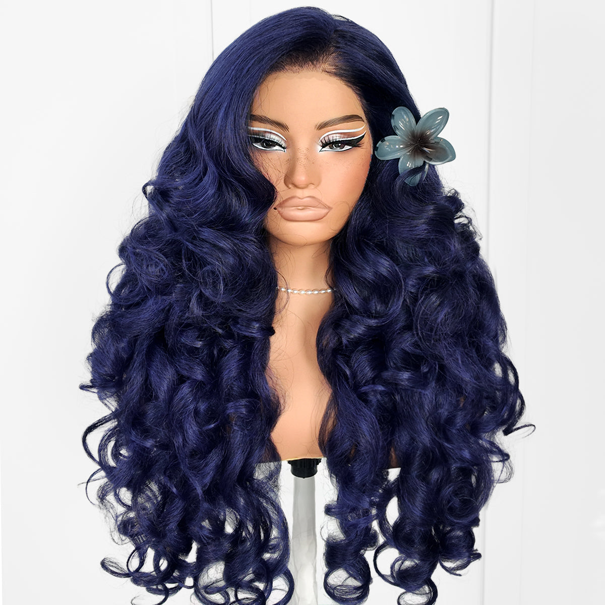 MITIMES 1Wear And Go Blue Lace Wig Pre-Plucked Glueless Yaki Crazy Body Wave Wig Pre-cut Synthetic Dark Blue Balayage HD Lace Front Wig 13x6