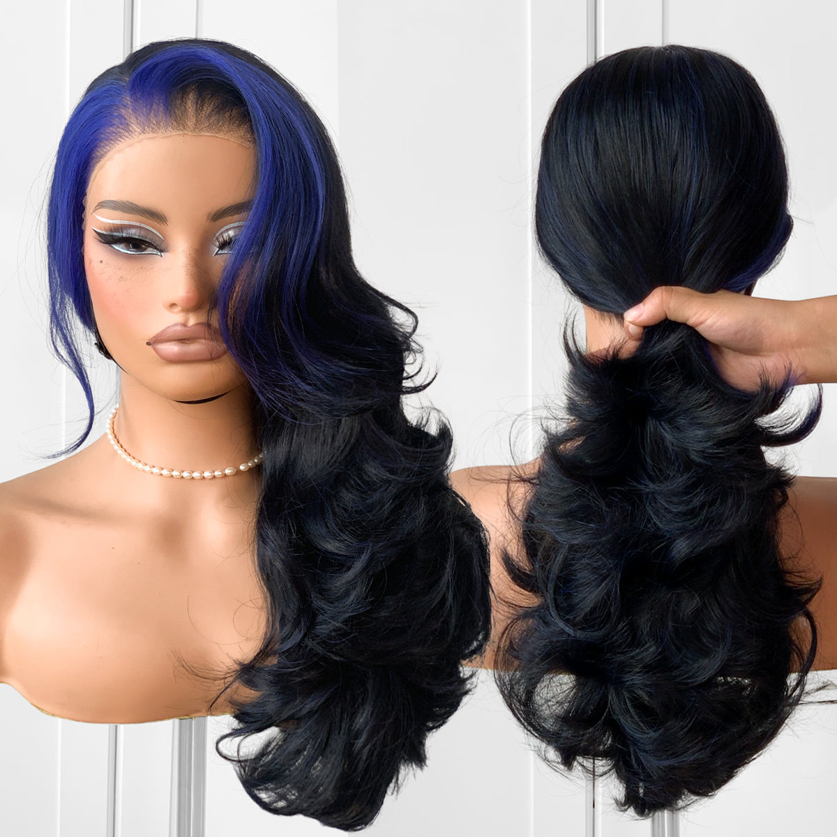 Feather Layered Hair Cuting Style Long 13x6 Synthetic Lace Front Wig Wear and Go Glueless Natural Hairline Blue Skunk Stripe Wig