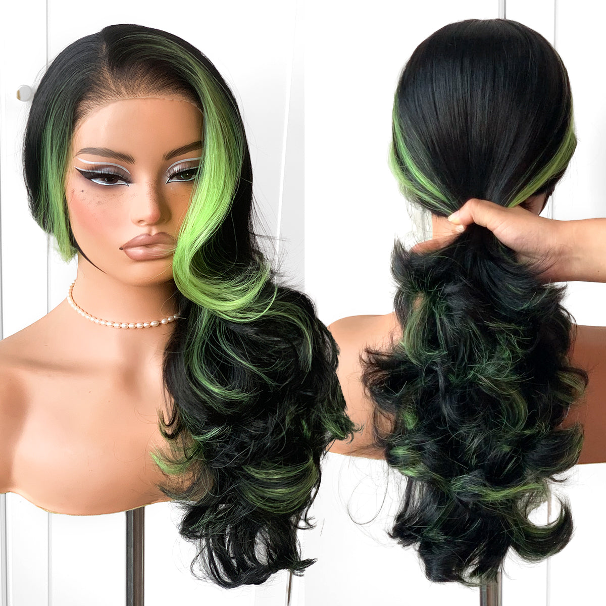 MITIMES Feather Layered Hair Cuting Style Long 13x6 Synthetic Lace Front Wig Wear and Go Glueless Natural Hairline Cospaly Natural Green Wig