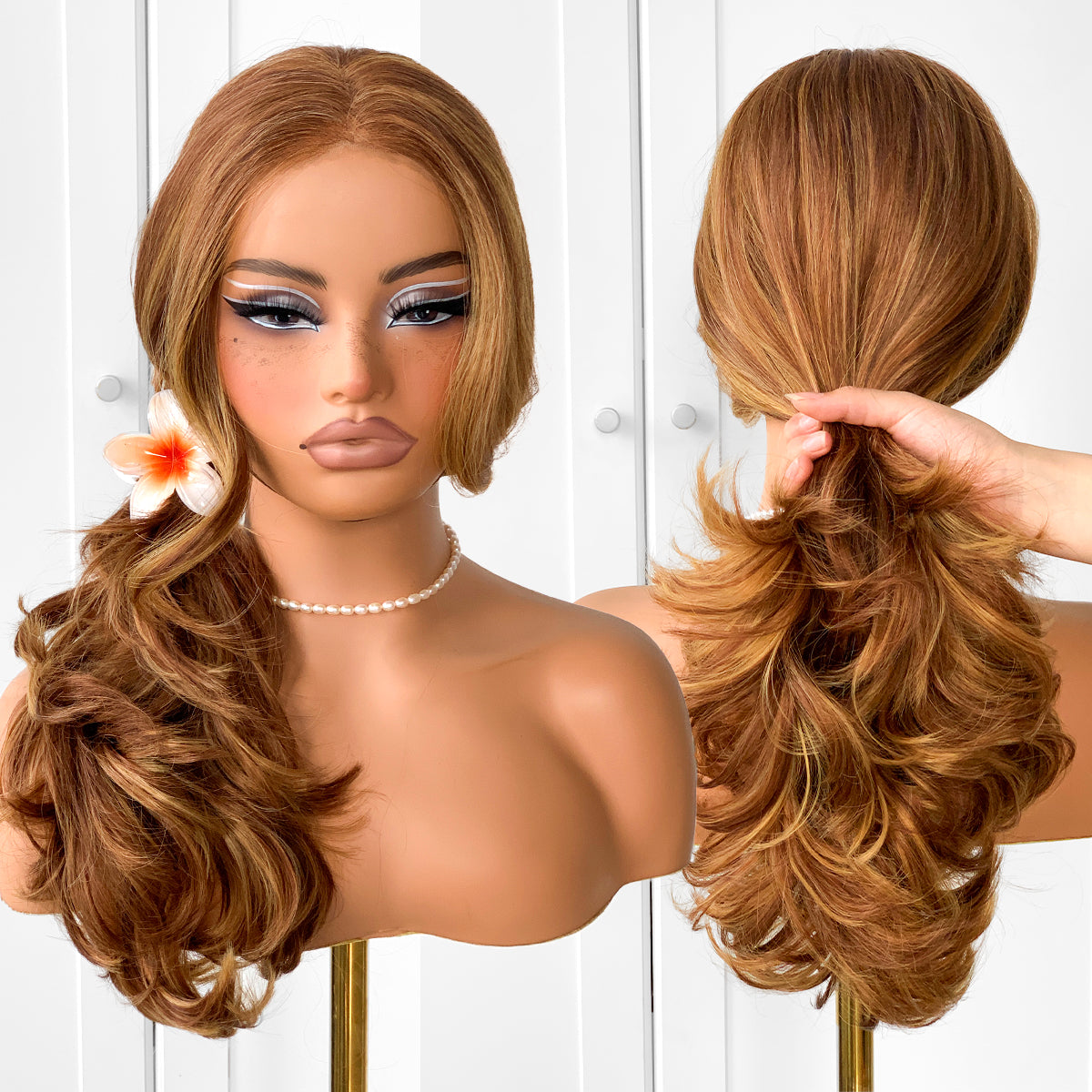 MITIMES Honey Blonde Voluminous Feather Layered Hair Flip Out Preplucked Precision-Pre-cut Ready-to-Go Glueless 13x6 HD Synthetic Lace Front Wig Honey Blonde Wig