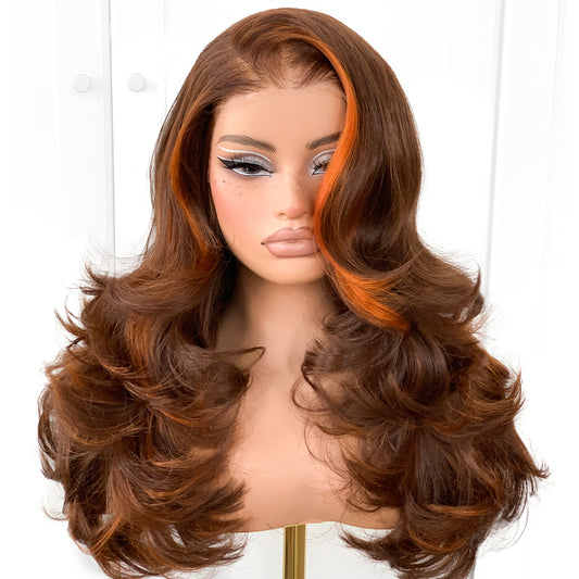 Feather Layered Hair Cuting Style Long 13x6 Synthetic Lace Front Wig Wear and Go Glueless Natural Hairline Ginger brown highlights Wig