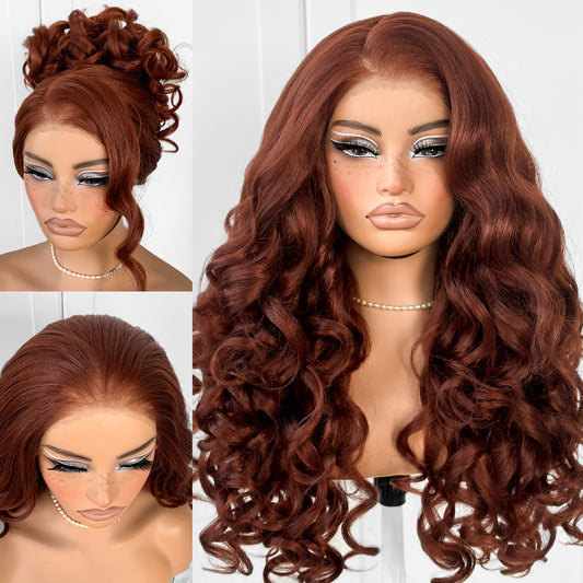 MITIMES 13x6 Glueless Reddish Brown Lace Front Wigs Pre-Plucked Yaki Body Wave HD Lace Front Wig Synthetic Wear And Go Glueless Red Wig Pre-Cut
