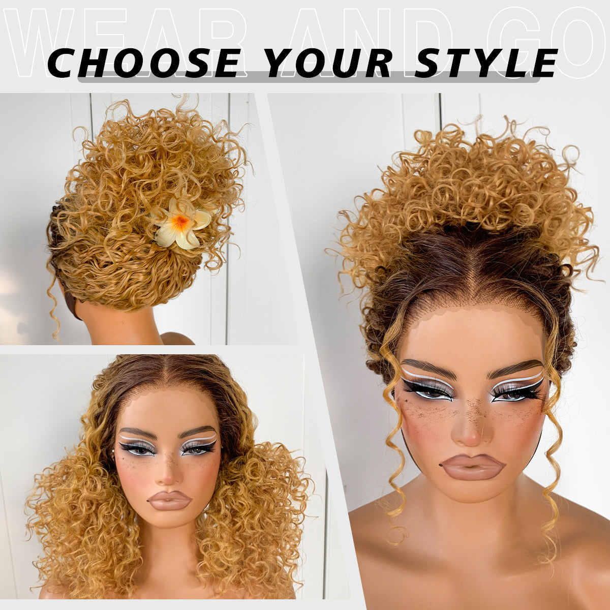 Blonde Curly Wig Synthetic Glueless Lace Front Wig Pre-Plucked 13x6 Wear And Go HD Lace Afro Wig Honey Blonde Ombre Layered Kinky Curly