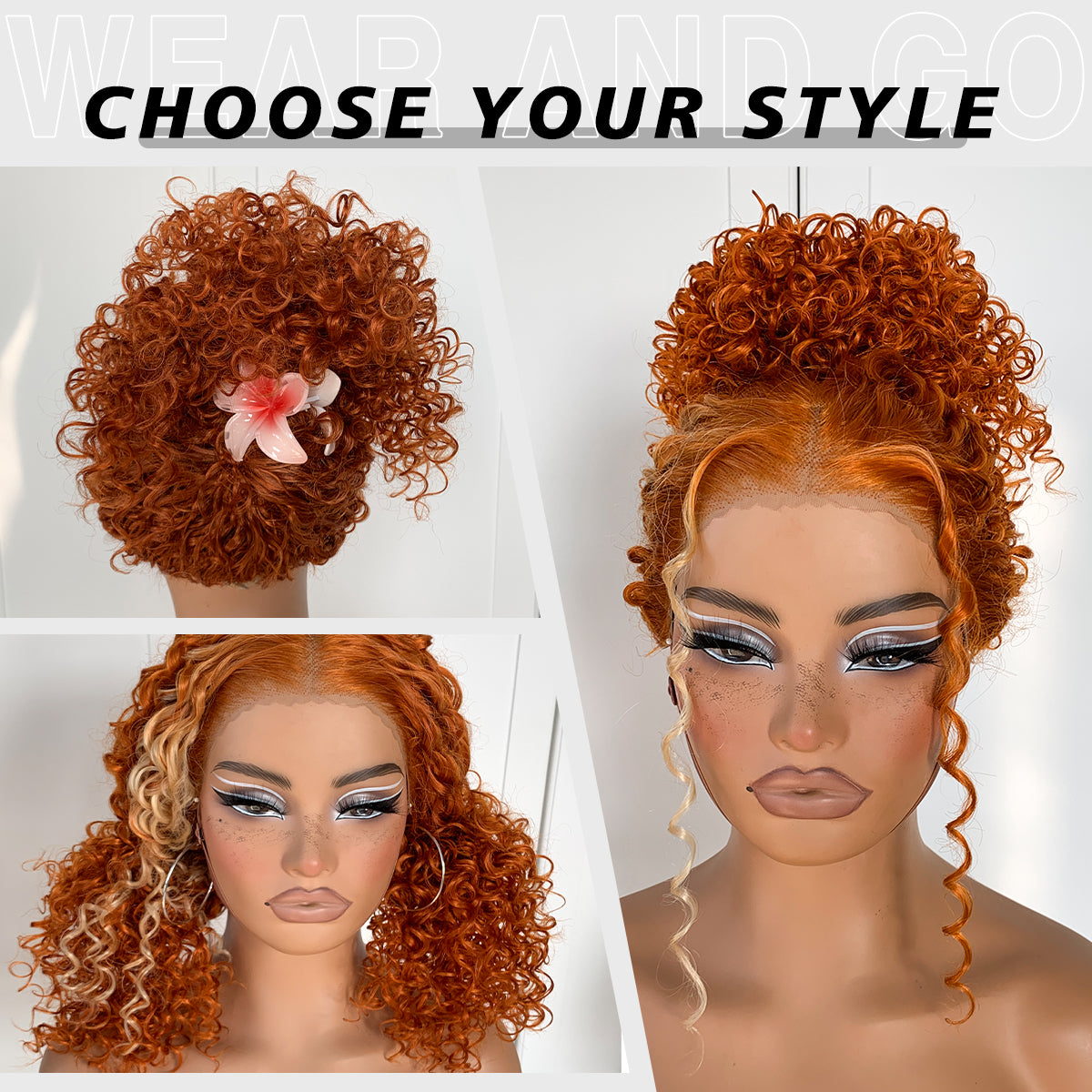 Ginger Curly Wig Skunk Strip HD Lace Front Wig Pre-Plucked Wear And Go Glueless Afro Wig Synthetic Orange Kinky Curly Layered Wig