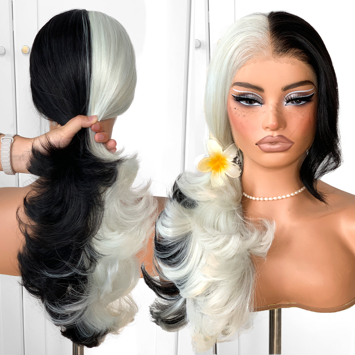 Feather Layered Hair Cuting Style Long 13x6 Synthetic Lace Front Wig Wear and Go Glueless Natural Hairline Black And White Wig
