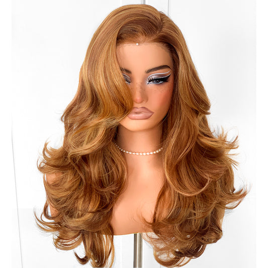 MITIMES Honey Blonde Voluminous Feather Layered Hair Flip Out Preplucked Precision-Pre-cut Ready-to-Go Glueless 13x6 HD Synthetic Lace Front Wig Honey Blonde Wig