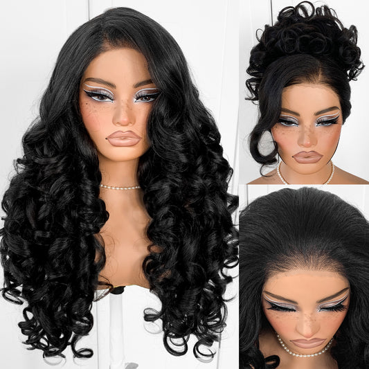 MITIMES Glueless Lace 13x6 Wig Pre-Cut Synthetic Yaki Body Wave  HD Lace Wig With Pre-Plucked Hairline Balayage Wear And Go Wig For Black Women