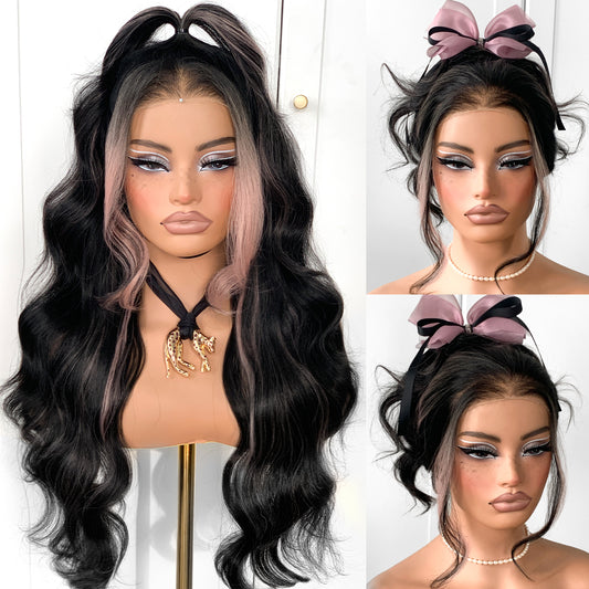 MITIMES Halloween 13x6 Pink Skunk Stripe Cosplay Wig Glueless Lace Front Wigs Pre Plucked Synthetic Body Wave wig Wear and Go lace front wig for black women