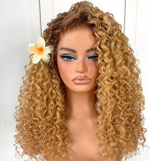 Blonde Curly Wig Synthetic Glueless Lace Front Wig Pre-Plucked 13x6 Wear And Go HD Lace Afro Wig Honey Blonde Ombre Layered Kinky Curly