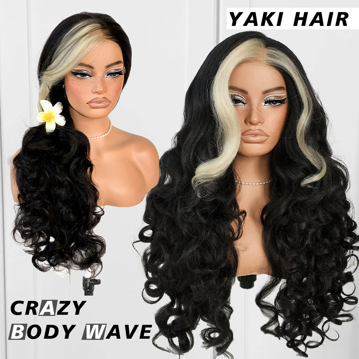 MITIMES 13x6 Skunk Stripe Wig Glueless Crazy Body Wave Lace Front Wigs Pre Plucked Synthetic Yaki Highlights Wear And Go Wig Pre-Cut