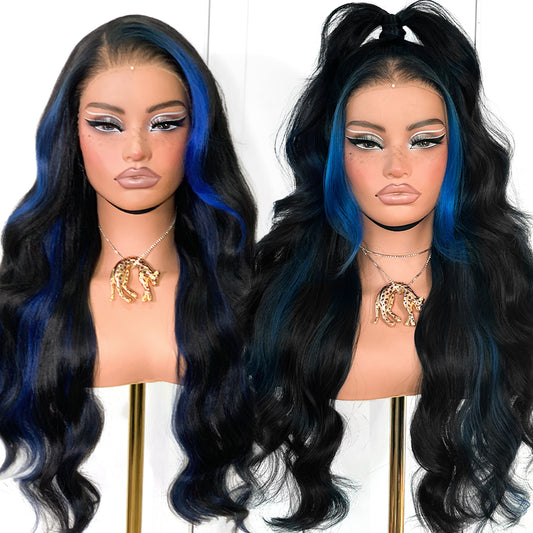 MITIMES Halloween 13x6 Dark Blue Skunk Stripe Cosplay Wig Glueless Lace Front Wigs Pre Plucked Synthetic Body Wave wig Wear and Go lace front wig for black women