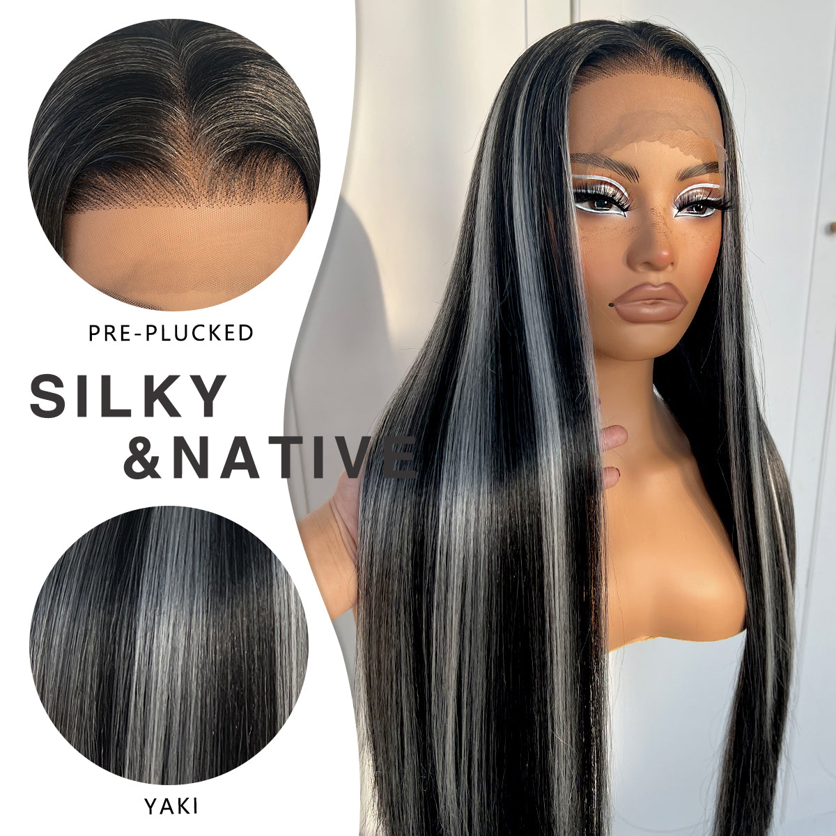 MITIMES 13x6 Glueless Highlight Straight Wig Black And White Highlight Lace Front Wig Pre-Plucked Yaki Synthetic Grey HD Lace Front Wig 32inch