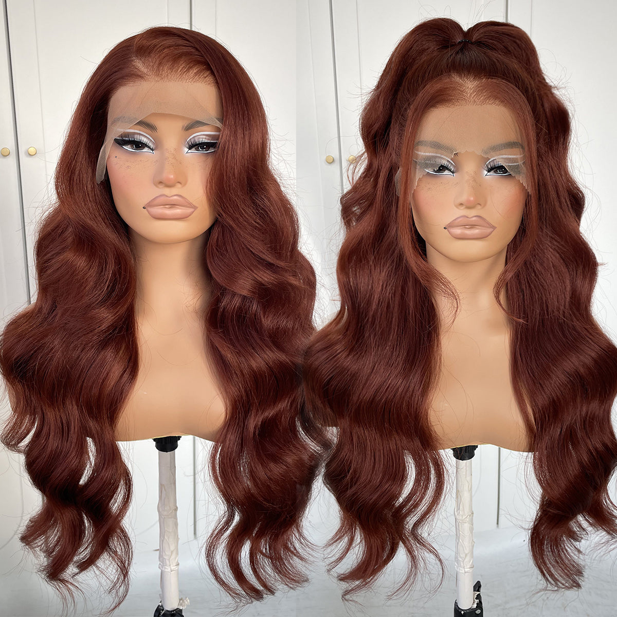 MITIMES 13x6 Glueless Reddish Brown Lace Front Wigs Pre-Plucked Red Brown Body Wave HD Lace Front Wig Synthetic Wear And Go Glueless Wig