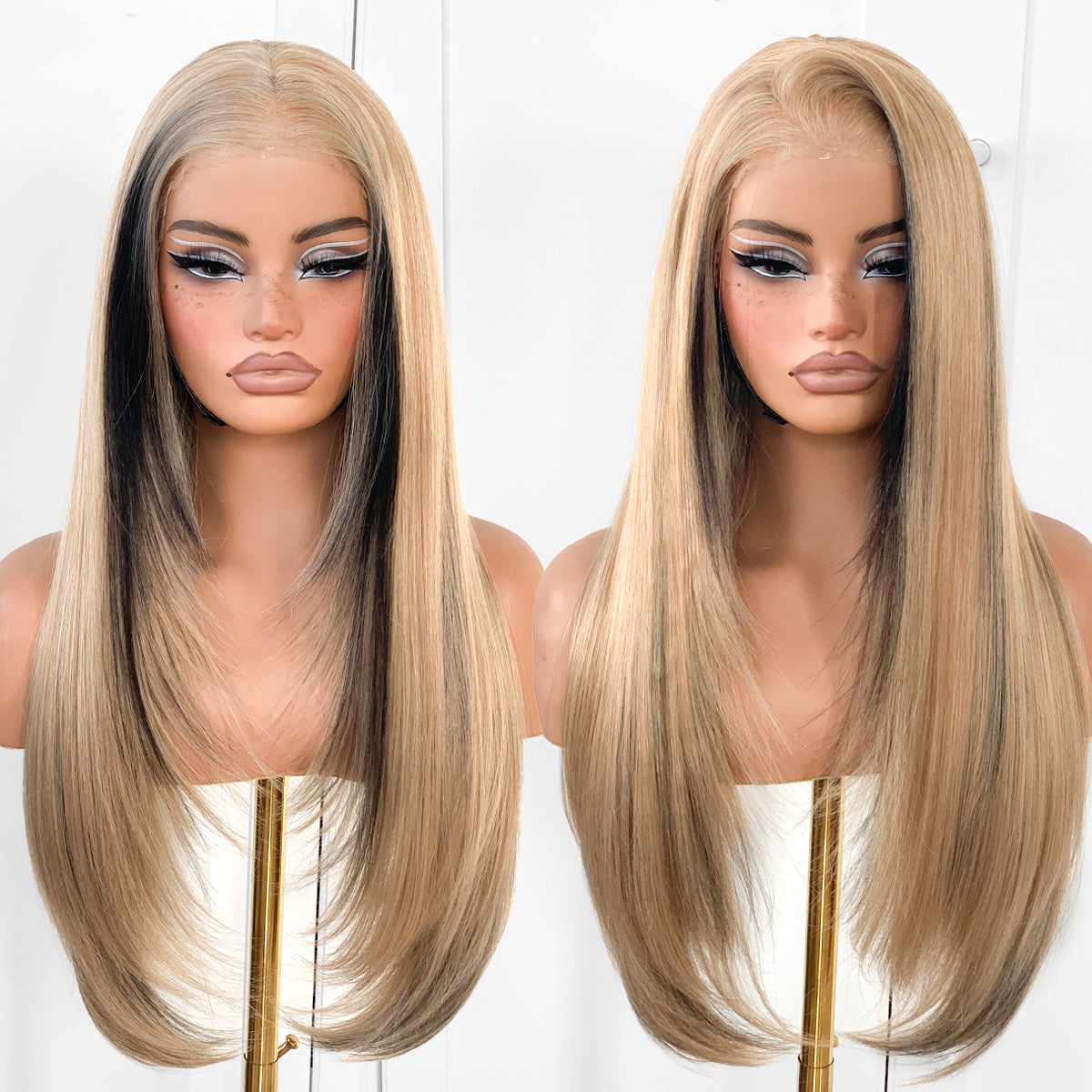 13x6 Lace Front High-Low Layered Wig | Pre-Plucked, Pre-Cut, Ready to Wear Synthetic Wig Sandswept Blonde Wig| Natural Hairline, Breathable Cap,Sandswept Blonde,Ginger Skunk,BUG skunk,BLUE Skunk,Black,Chocolate brown.