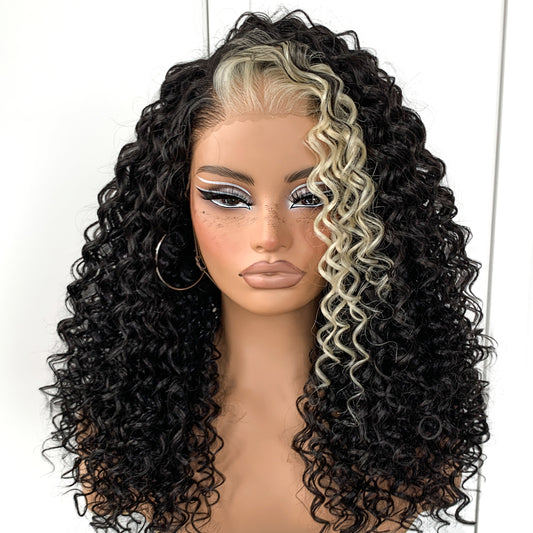 MITIMES 13x6 Skunk Stripe Curly Wig Wear And Go Glueless Wig Synthetic HD Lace Front Afro Wig Pre-Plucked Pre-Cut  Afro Curly Layered Wig