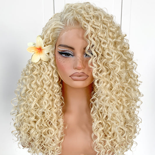 13x6 White Curly Wig Synthetic Lace Front Wig Pre-Plucked Wear And Go Glueless Afro Wig Blonde HD 613 Lace Frontal Wig