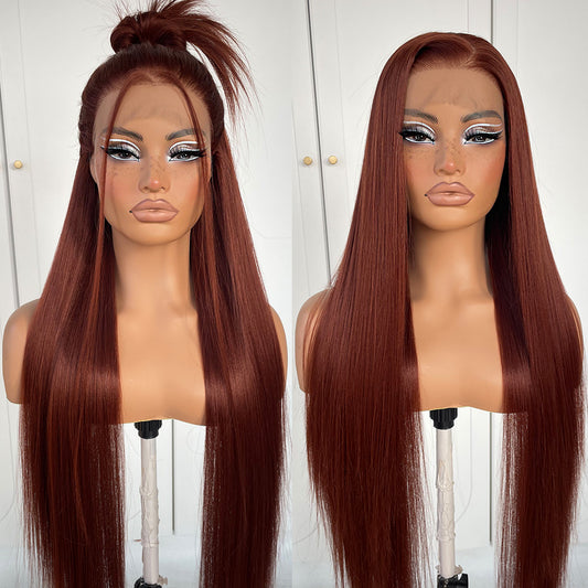 MITIMES 13x6 Reddish Brown Lace Front Wig Pre-Plucked Straight HD Lace Front Wig Glueless Synthetic Red Brown Long Straight Lace Front Wig 32inch