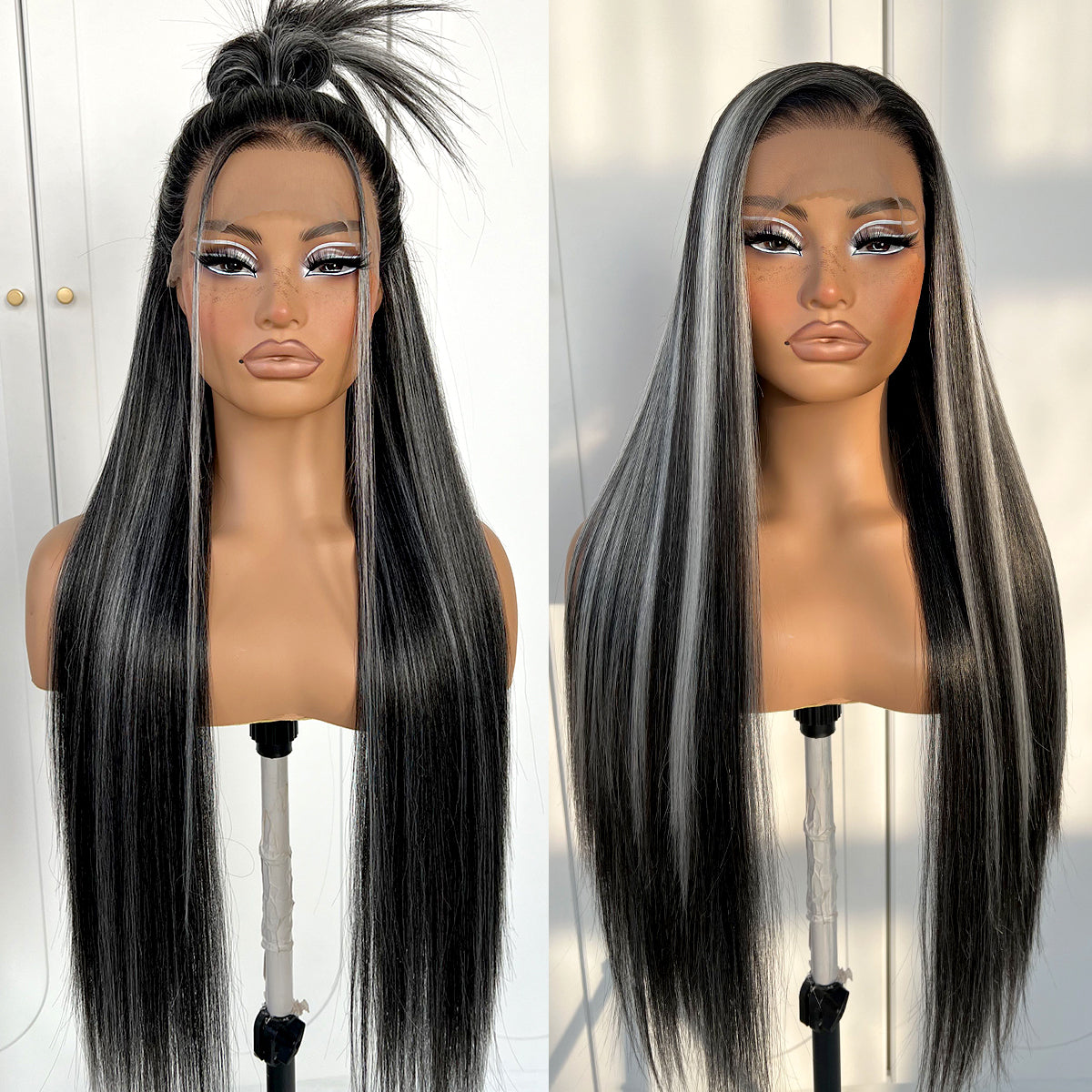 MITIMES 13x6 Glueless Highlight Straight Wig Black And White Highlight Lace Front Wig Pre-Plucked Yaki Synthetic Grey HD Lace Front Wig 32inch