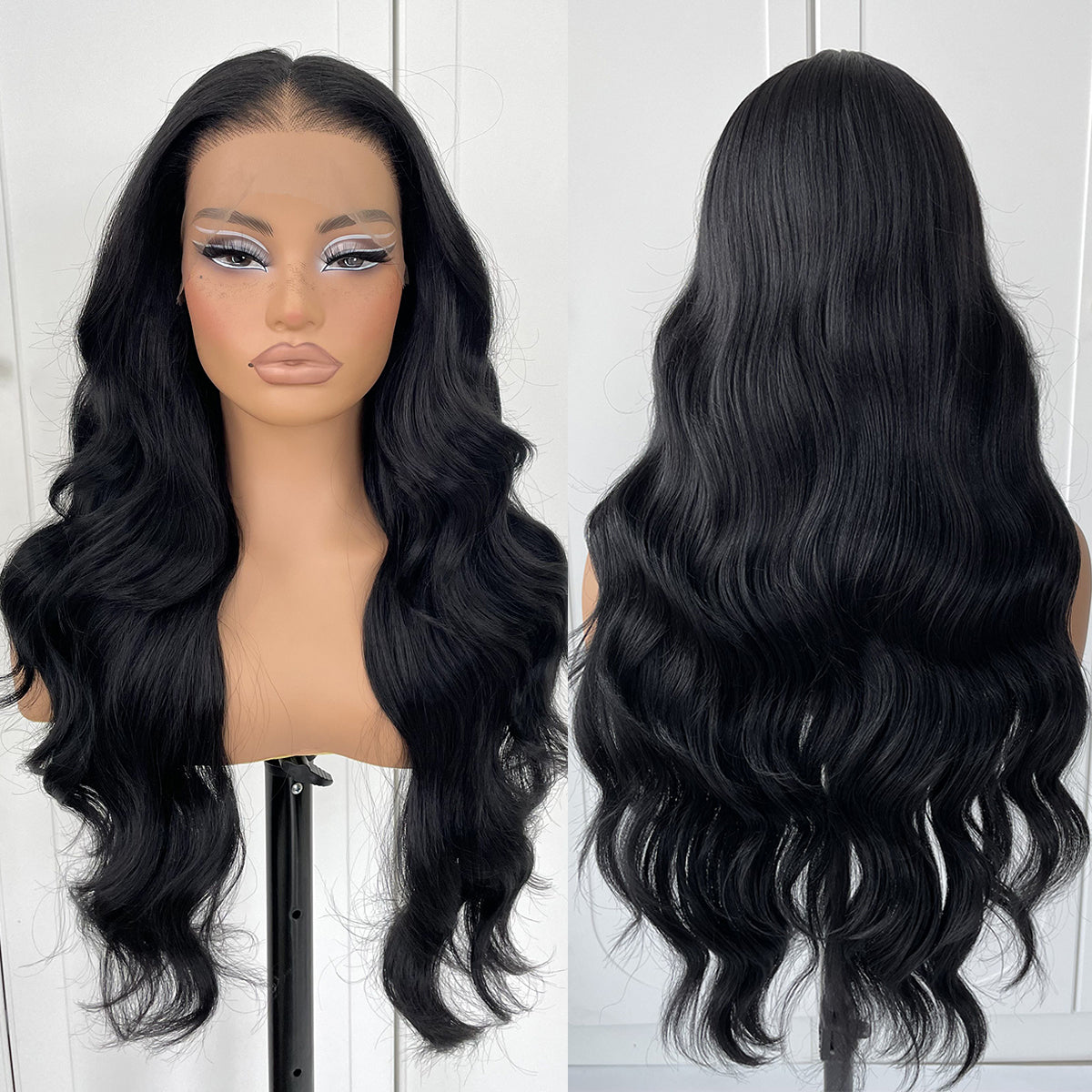 MITIMES 13x6 glueless HD Lace front wig pre plucked pre cut Synthetic Long body wave lace front wig Black Wavy Wig with natural hair line