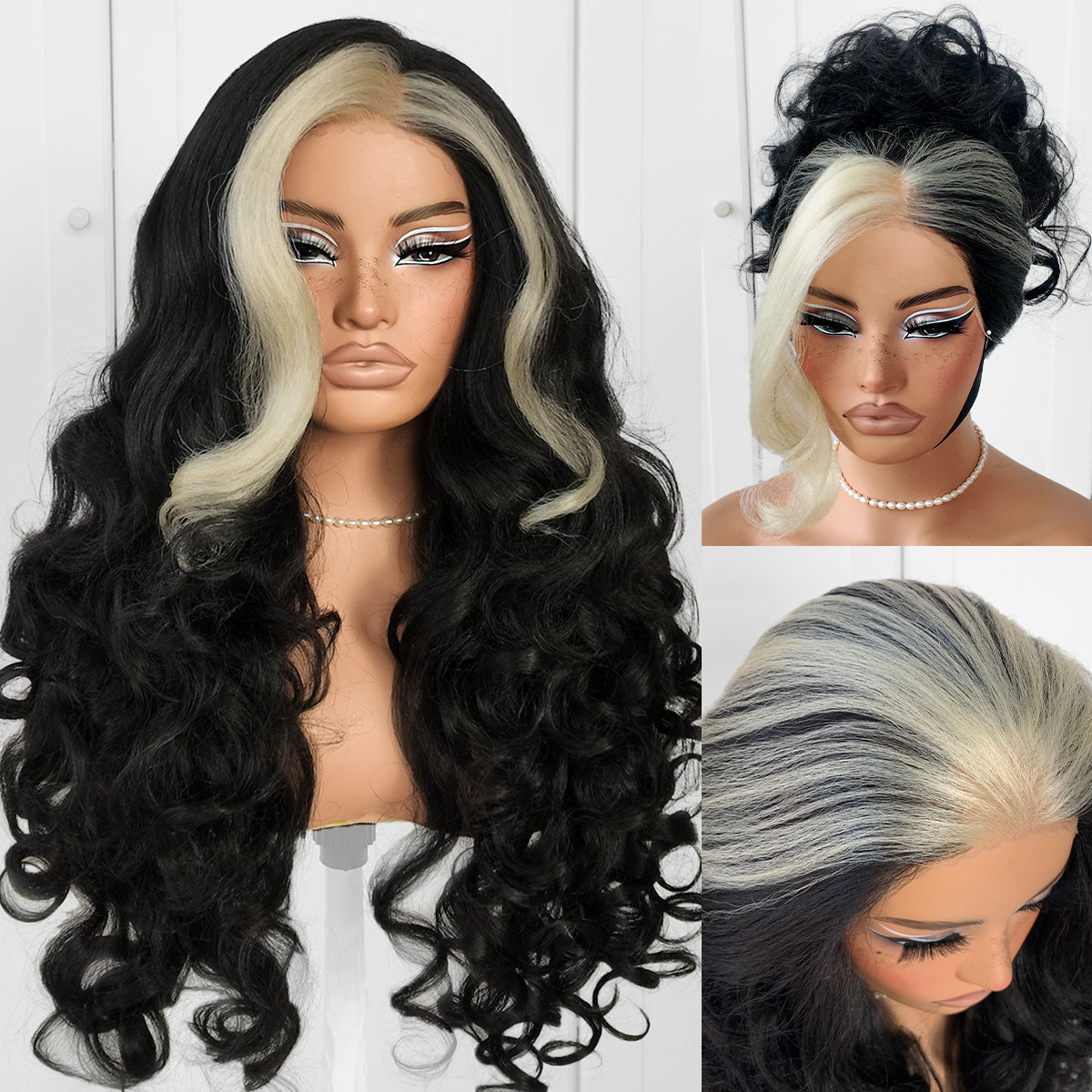 MITIMES 13x6 Skunk Stripe Wig Glueless Crazy Body Wave Lace Front Wigs Pre Plucked Synthetic Yaki Highlights Wear And Go Wig Pre-Cut