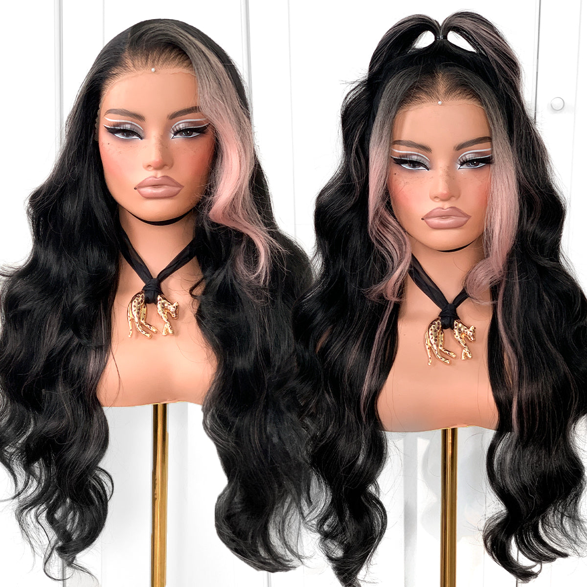 MITIMES Halloween 13x6 Pink Skunk Stripe Cosplay Wig Glueless Lace Front Wigs Pre Plucked Synthetic Body Wave wig Wear and Go lace front wig for black women