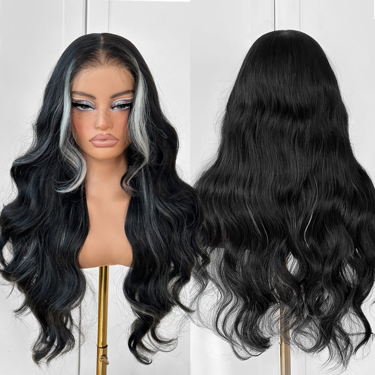 MITIMES 13x6 glueless Lace front wig White Highlights Wavy Wig pre plucked Synthetic Long body wave HD lace front wig Black and White highlight Wavy Wig with natural hair line