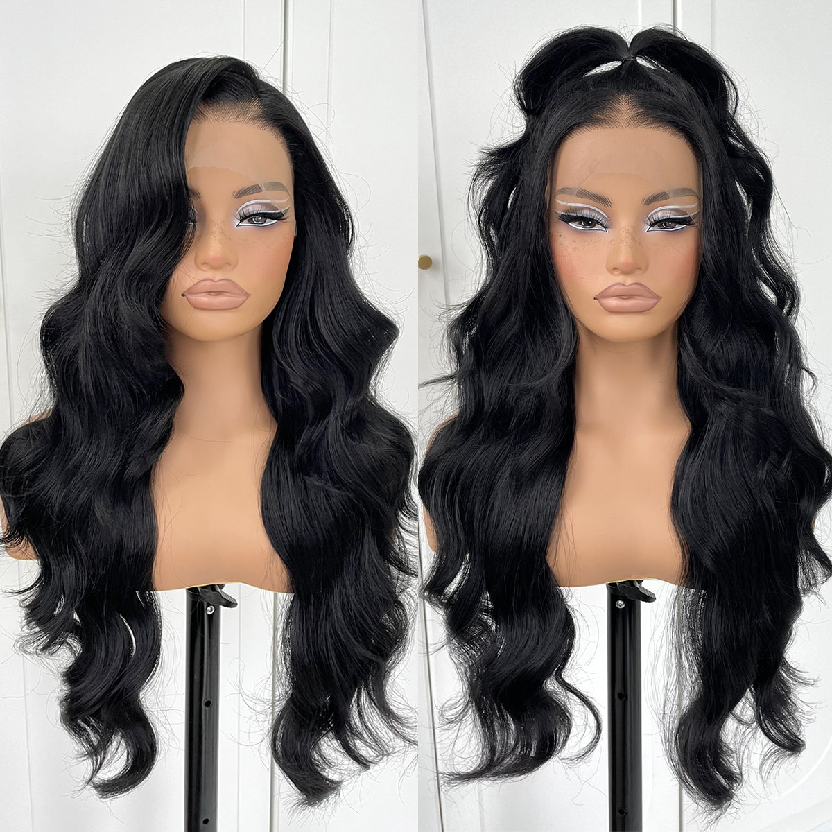 MITIMES 13x6 glueless HD Lace front wig pre plucked pre cut Synthetic Long body wave lace front wig Black Wavy Wig with natural hair line