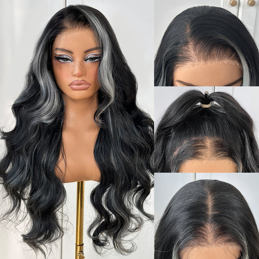 MITIMES 13x6 glueless Lace front wig White Highlights Wavy Wig pre plucked Synthetic Long body wave HD lace front wig Black and White highlight Wavy Wig with natural hair line