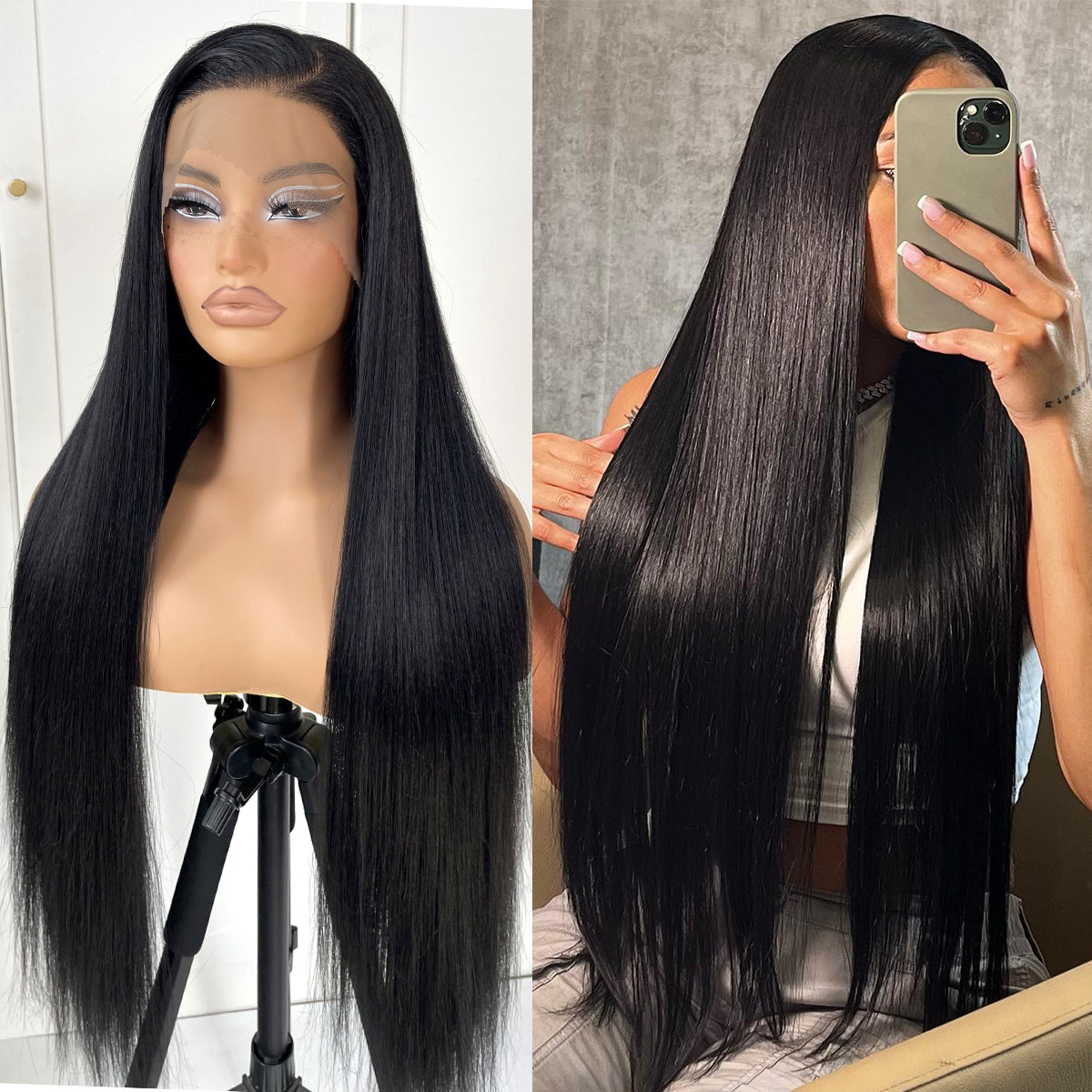 MITIMES 13x6 Long Straight Lace Front Wigs Natural Black Glueless Straight Hair Lace Front Wig Pre Plucked Yaki Synthetic HD Lace Front Wig 32inch