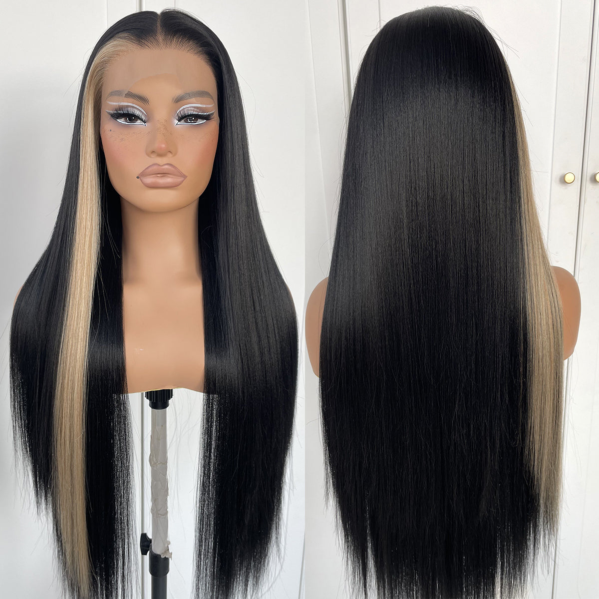 MITIMES 13x6 HD Highlight Lace Front Wig Glueless Ombre Long Straight Lace Front Wigs Plucked 180 Density Highlight Yaki Synthetic Lace Front Wig 32inch