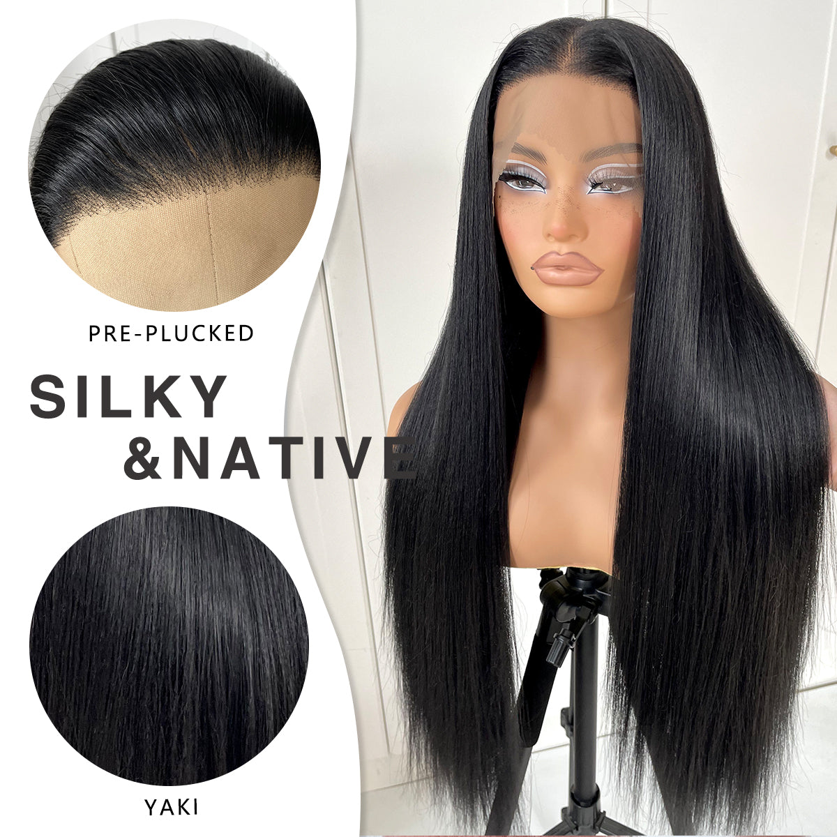 MITIMES 13x6 Long Straight Lace Front Wigs Natural Black Glueless Straight Hair Lace Front Wig Pre Plucked Yaki Synthetic HD Lace Front Wig 32inch