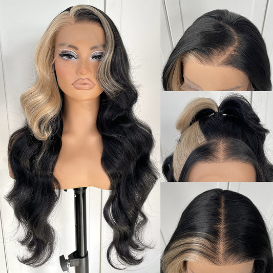 MITIMES 13x6 Skunk Stripe Wig Glueless Lace Front Wigs Pre Plucked Synthetic Body Wave blonde wig Wear and Go lace front wig for black women