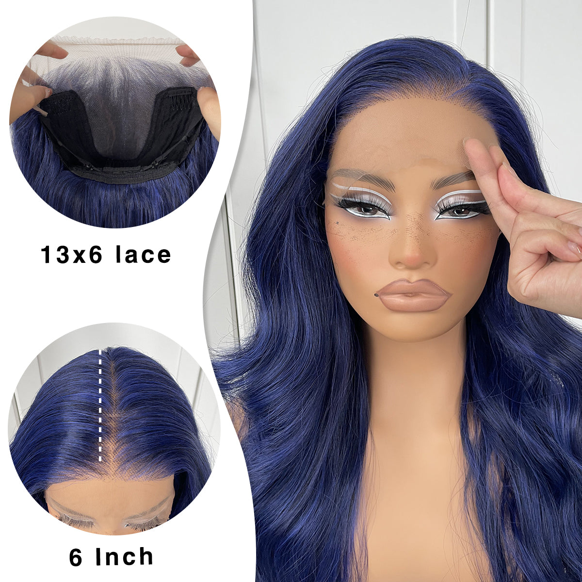 MITIMES 13x6 Glueless Blue Body Wave Lace Front Wig Pre Plucked Synthetic Dark Blue HD Lace front wig for fashion women transparent lace front wig for cosplay party