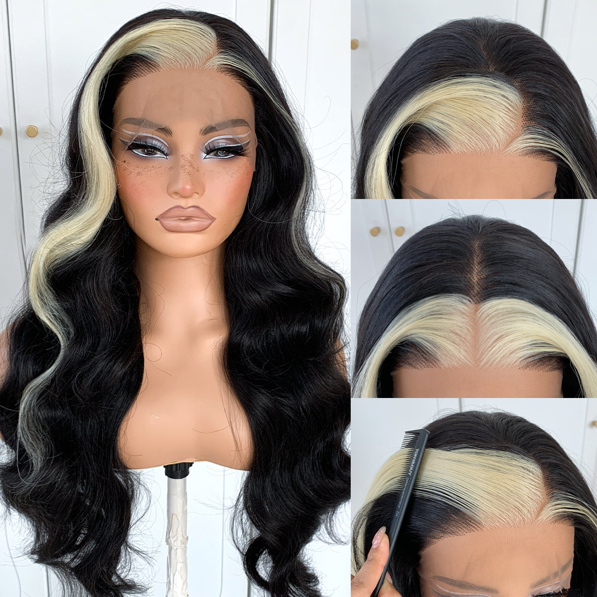 MITIMES 13x6 Skunk Stripe Wig Glueless Middle Skunk Stripe Body Wave Lace Front Wigs Pre Plucked Synthetic Long Highlights Wear and Go lace front wig