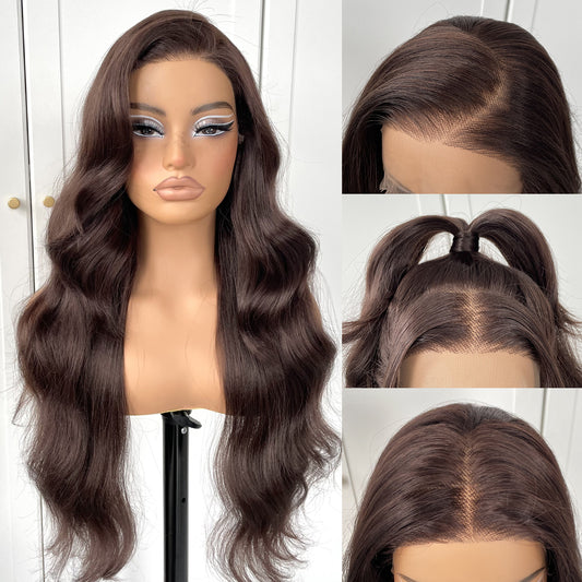 MITIMES 13x6 chocolate brown wig Glueless HD Lace Front Wig Pre plucked Synthetic Long body wave lace front wig Wear and Go HD Lace Front Wig