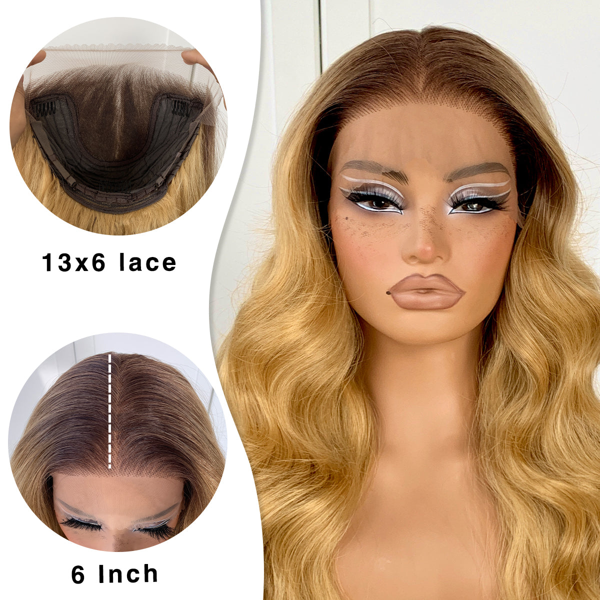 MITIMES 13x6 Blonde Ombre Lace Front Wig Pre-plucked Honey Blonde And Brown Body Wave Wig Synthetic Wear And Go Glueless Wig 26 Inch