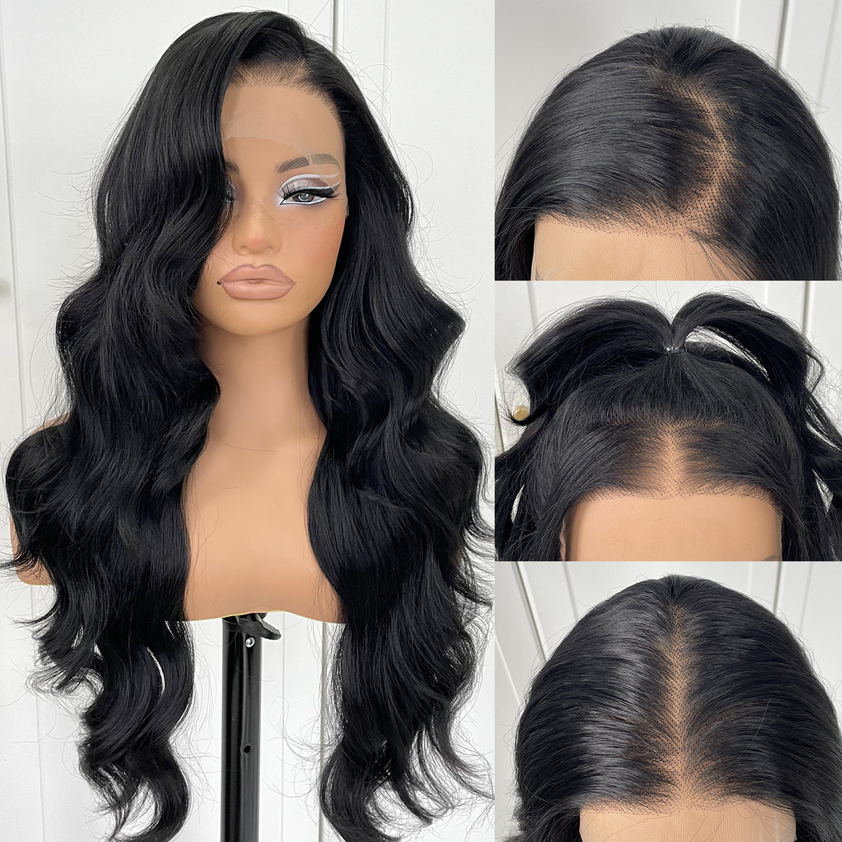 MITIMES 13x6 glueless HD Lace front wig pre plucked pre cut Synthetic Long body wave lace front wig Black Wavy Wig with natural hair line