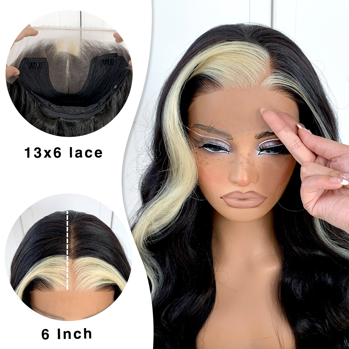 MITIMES 13x6 Skunk Stripe Wig Glueless Middle Skunk Stripe Body Wave Lace Front Wigs Pre Plucked Synthetic Long Highlights Wear and Go lace front wig