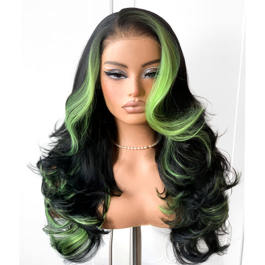 MITIMES Feather Layered Hair Cuting Style Long 13x6 Synthetic Lace Front Wig Wear and Go Glueless Natural Hairline Cospaly Natural Green Wig